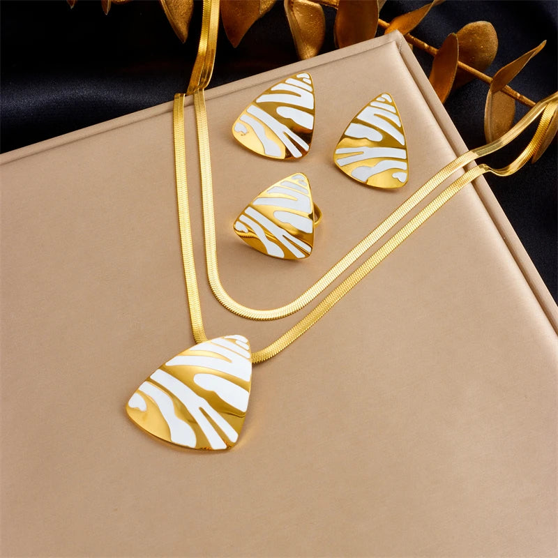 316L Stainless Steel White Tiger Stripe Necklace Earrings Ring Suit For Women Girls New Party Gift Fashion Jewelry Set
