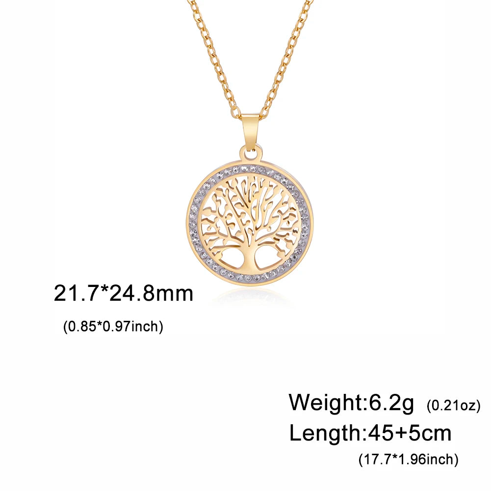 Tree of Life Necklace for Women Stainless Steel Gold Color Clear Zircon Round Pendant Neck Chains Luxury Wedding Gift