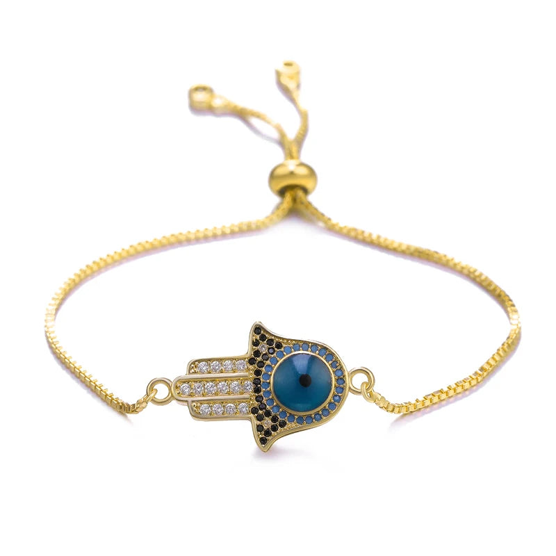 Copper Turkish Evil Eye Bracelet For Woman Micro Pave Zircon Greek Eye Charms Adjustable Chains Bracelet Handmade Jewelry Supplies