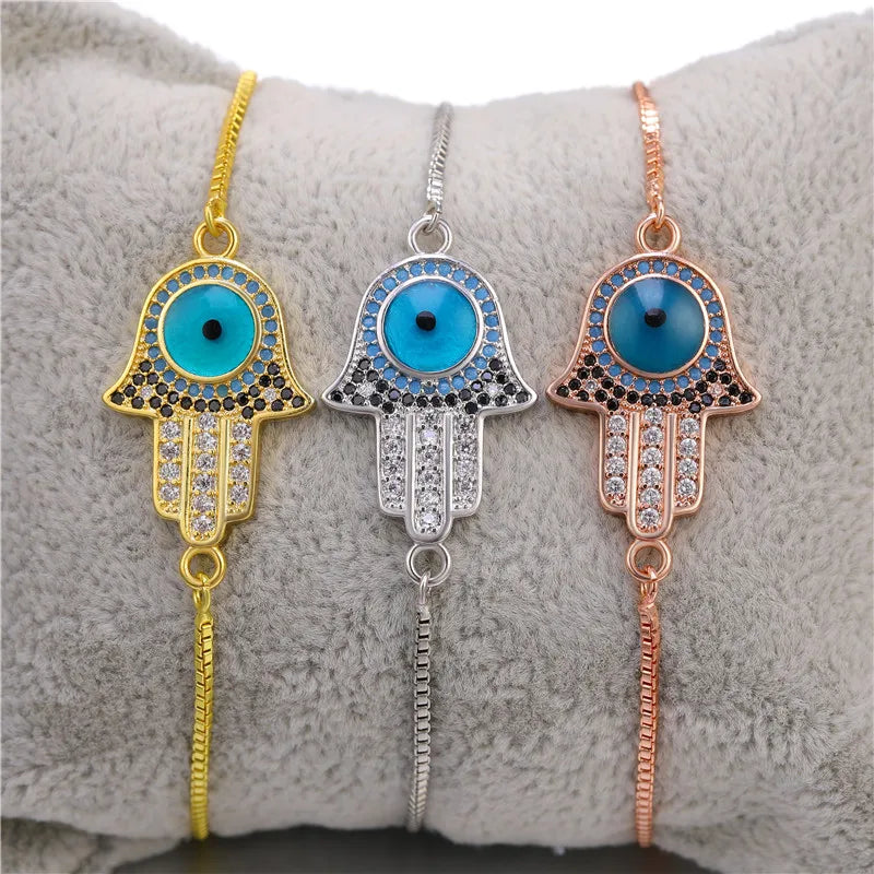 Copper Turkish Evil Eye Bracelet For Woman Micro Pave Zircon Greek Eye Charms Adjustable Chains Bracelet Handmade Jewelry Supplies