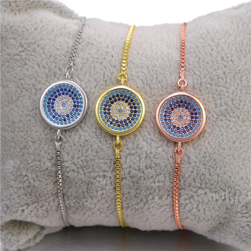 Copper Turkish Evil Eye Bracelet For Woman Micro Pave Zircon Greek Eye Charms Adjustable Chains Bracelet Handmade Jewelry Supplies