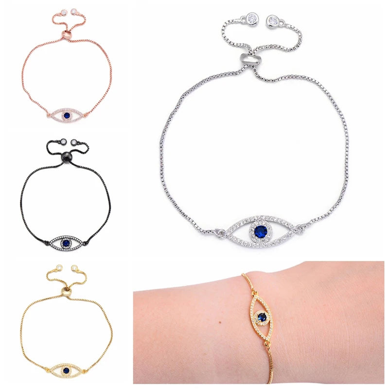 Copper Turkish Evil Eye Bracelet For Woman Micro Pave Zircon Greek Eye Charms Adjustable Chains Bracelet Handmade Jewelry Supplies