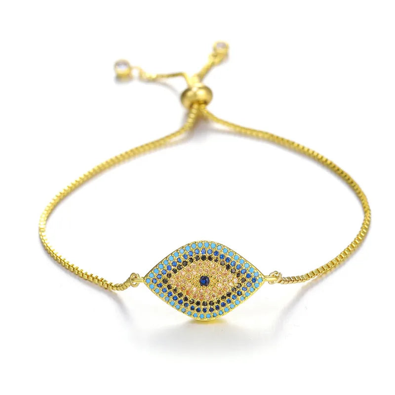 Copper Turkish Evil Eye Bracelet For Woman Micro Pave Zircon Greek Eye Charms Adjustable Chains Bracelet Handmade Jewelry Supplies