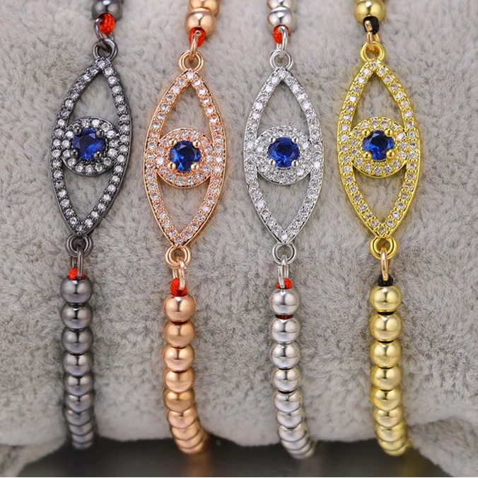 Copper Turkish Evil Eye Bracelet For Woman Micro Pave Zircon Greek Eye Charms Adjustable Chains Bracelet Handmade Jewelry Supplies