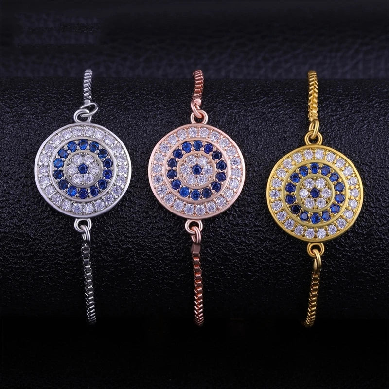 Copper Turkish Evil Eye Bracelet For Woman Micro Pave Zircon Greek Eye Charms Adjustable Chains Bracelet Handmade Jewelry Supplies