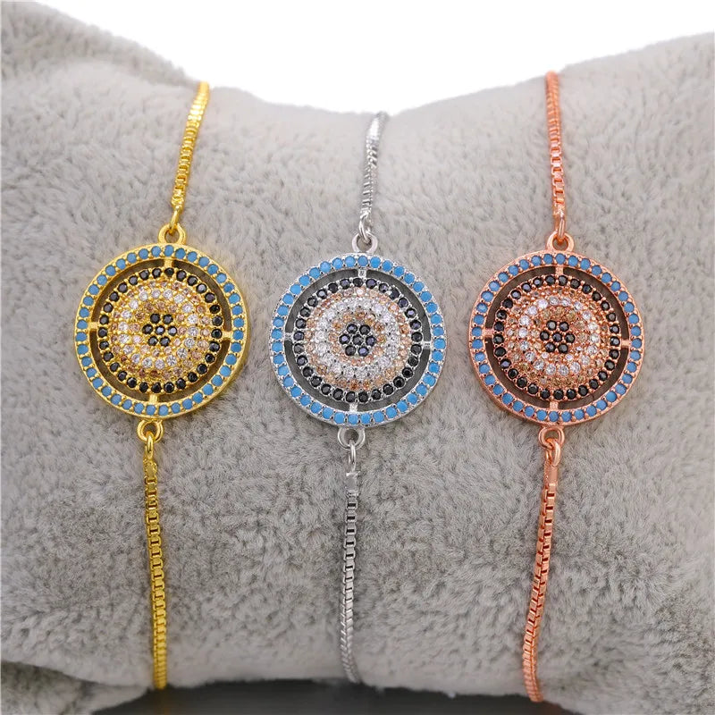 Copper Turkish Evil Eye Bracelet For Woman Micro Pave Zircon Greek Eye Charms Adjustable Chains Bracelet Handmade Jewelry Supplies