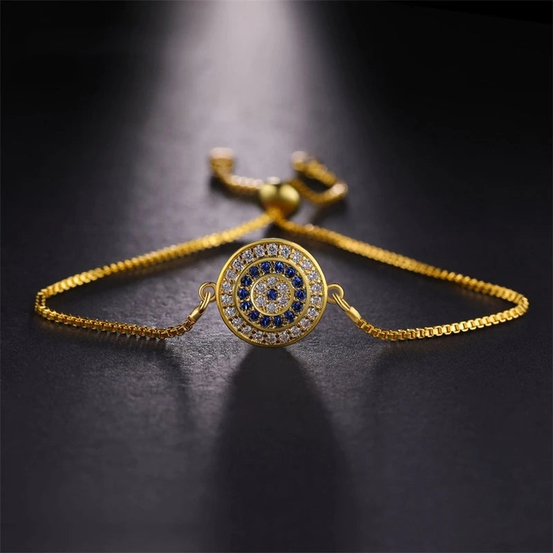 Copper Turkish Evil Eye Bracelet For Woman Micro Pave Zircon Greek Eye Charms Adjustable Chains Bracelet Handmade Jewelry Supplies