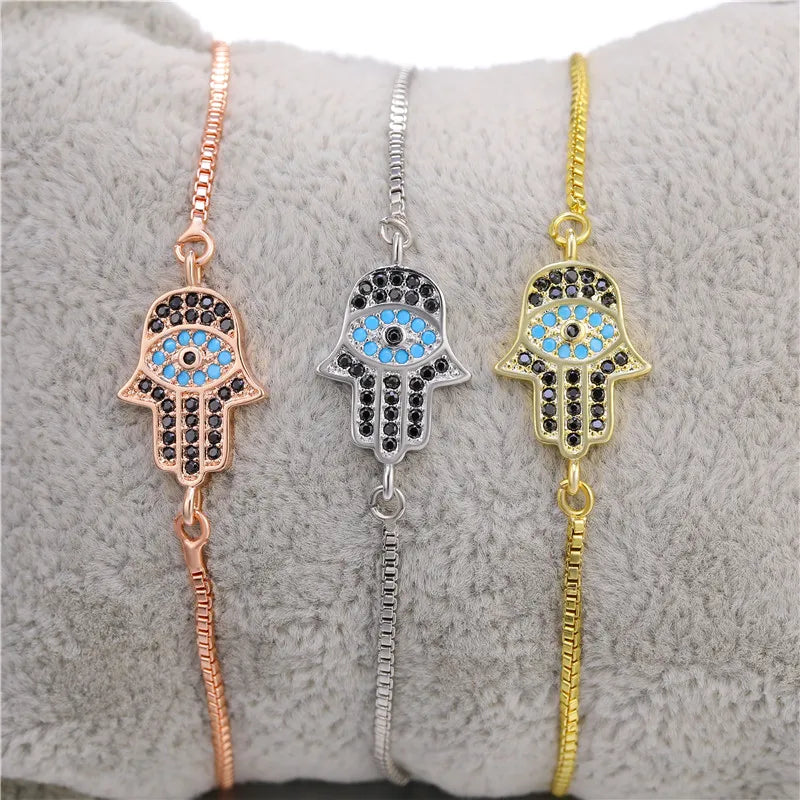 Copper Turkish Evil Eye Bracelet For Woman Micro Pave Zircon Greek Eye Charms Adjustable Chains Bracelet Handmade Jewelry Supplies