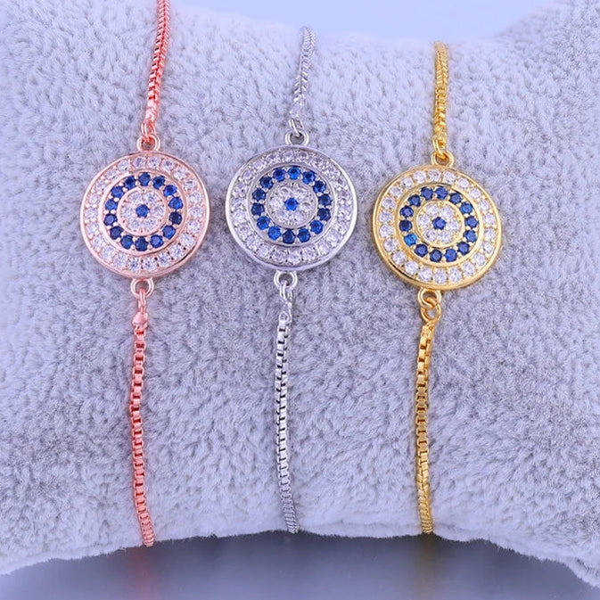 Copper Turkish Evil Eye Bracelet For Woman Micro Pave Zircon Greek Eye Charms Adjustable Chains Bracelet Handmade Jewelry Supplies