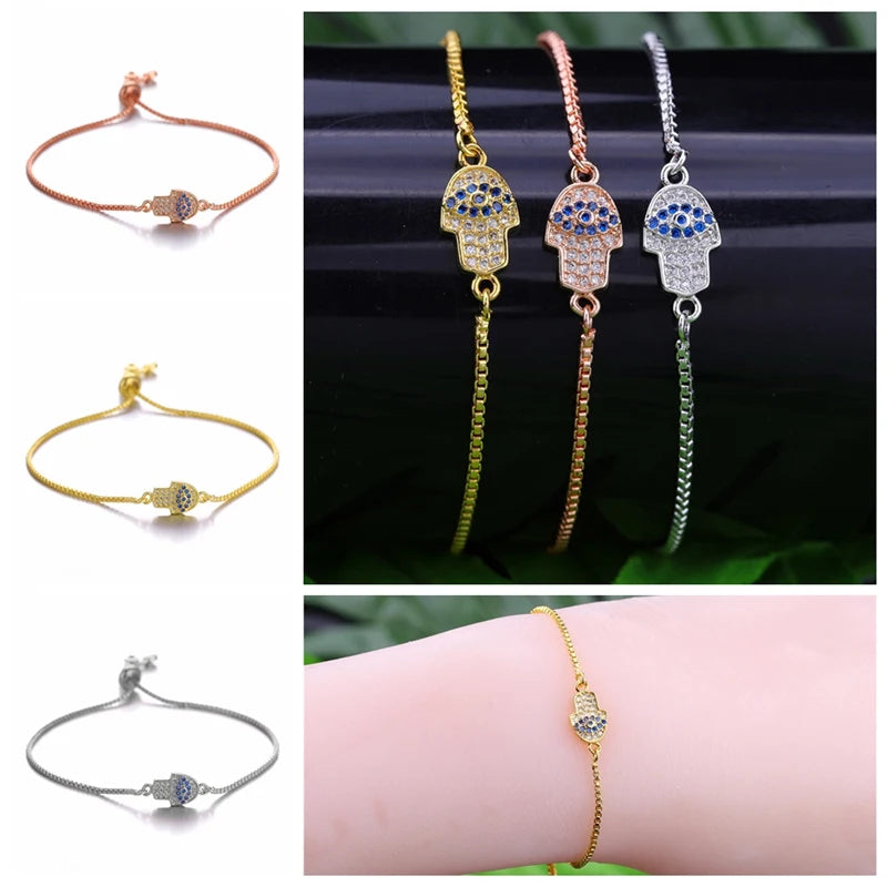 Copper Turkish Evil Eye Bracelet For Woman Micro Pave Zircon Greek Eye Charms Adjustable Chains Bracelet Handmade Jewelry Supplies
