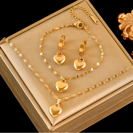 316L Stainless Steel Heart Love Necklace Bracelets Earrings Set For Women New Trendy 18K Gold Plated Waterproof Jewelry