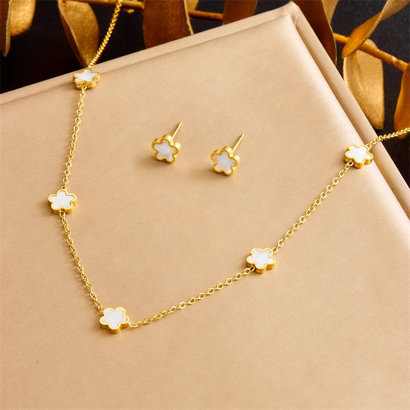 316L Stainless Steel Pearl Butterfly Flower Golden Necklace Earrings For Womens 2026 New Party Gift Fashion Jewelry Set