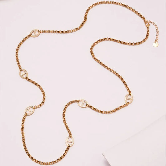 80cm Long Necklace for Women 18k Gold Plated Stainless Steel Chain Necklaces Inlaid Zircon Charm Sweater Chains Necklace
