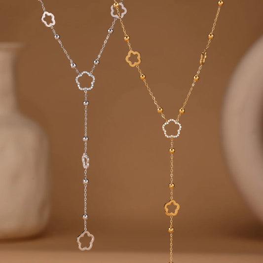 Flower Chain Stainless Steel Zircon Long Necklacs For Women PVD Gold Plated Metal Female Collar Party Wedding Jewelry