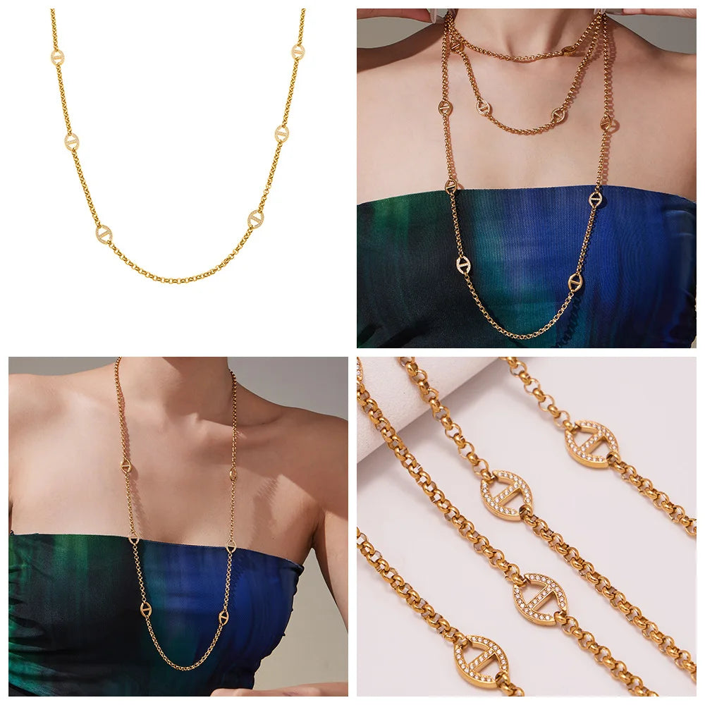 80cm Long Necklace for Women 18k Gold Plated Stainless Steel Chain Necklaces Inlaid Zircon Charm Sweater Chains Necklace