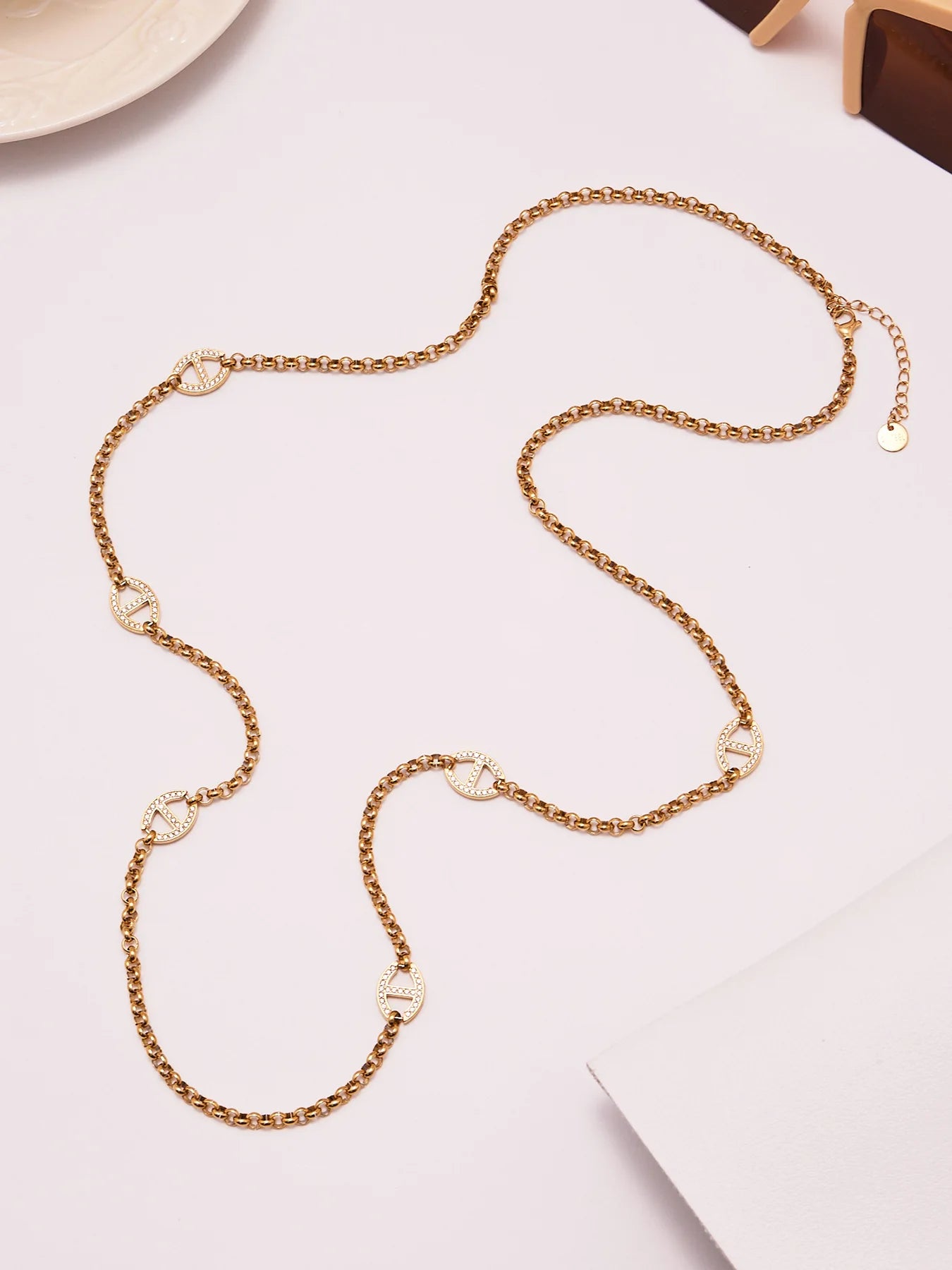 80cm Long Necklace for Women 18k Gold Plated Stainless Steel Chain Necklaces Inlaid Zircon Charm Sweater Chains Necklace