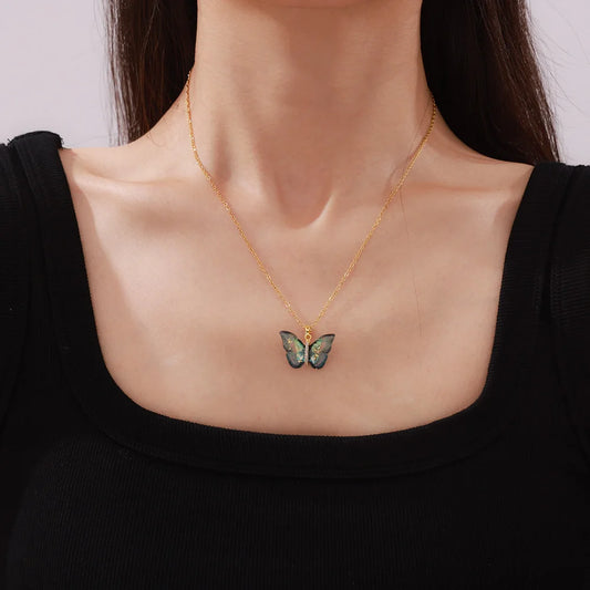 Delicate Resin Butterfly Pendant Necklace For Women Stainless Steel Thin Chain Colorful Choker PVD Gold Plated Jewelry