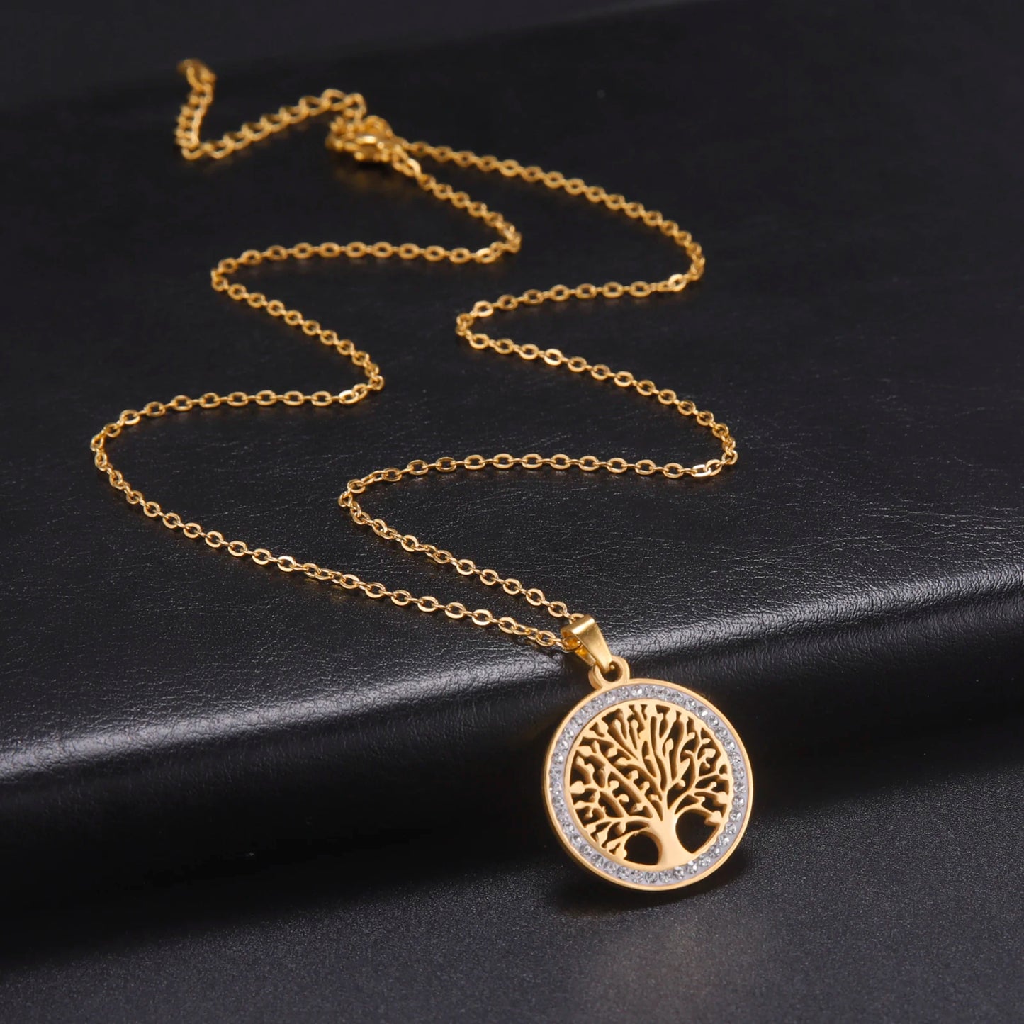 Tree of Life Necklace for Women Stainless Steel Gold Color Clear Zircon Round Pendant Neck Chains Luxury Wedding Gift
