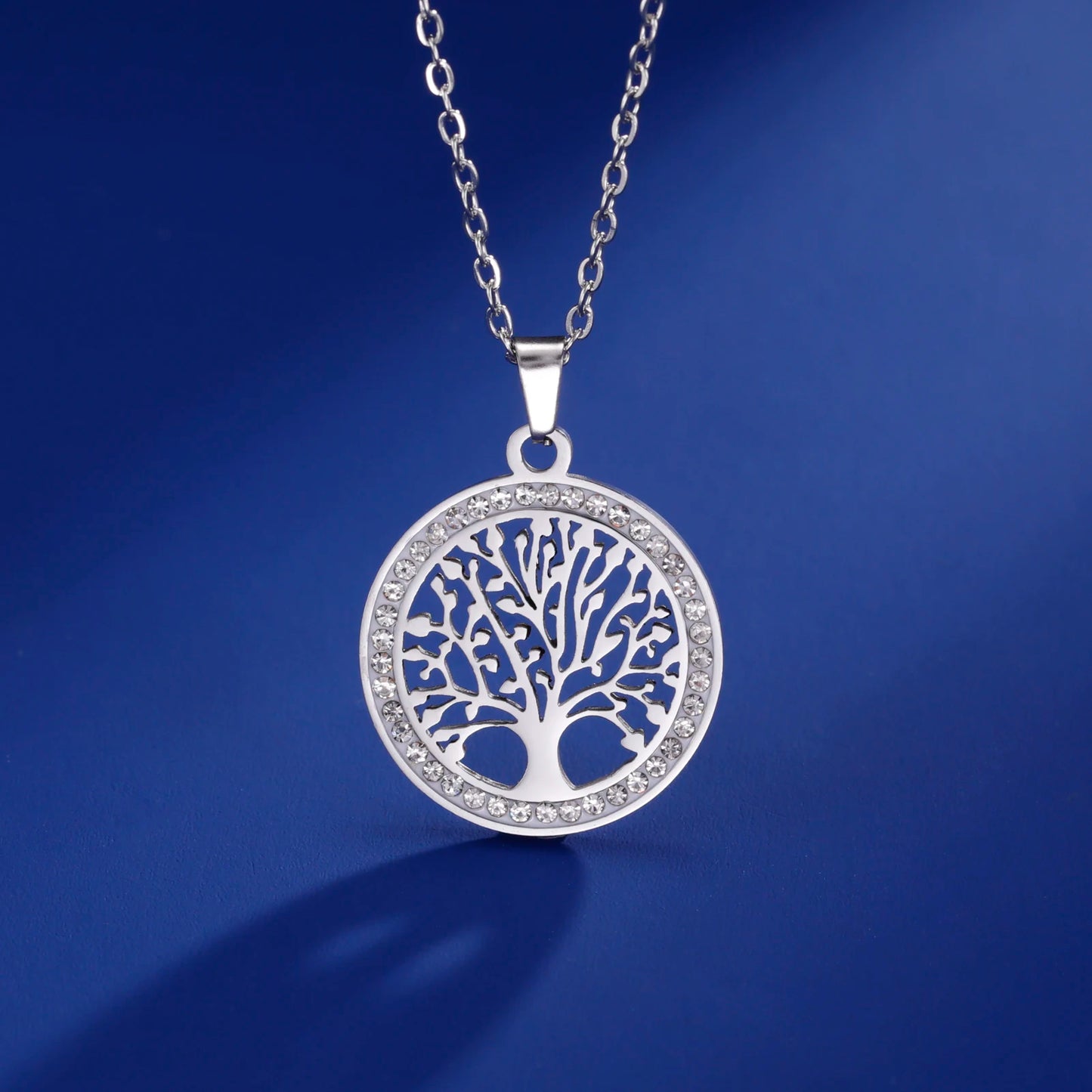 Tree of Life Necklace for Women Stainless Steel Gold Color Clear Zircon Round Pendant Neck Chains Luxury Wedding Gift
