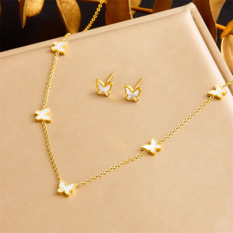316L Stainless Steel Pearl Butterfly Flower Golden Necklace Earrings For Womens 2026 New Party Gift Fashion Jewelry Set