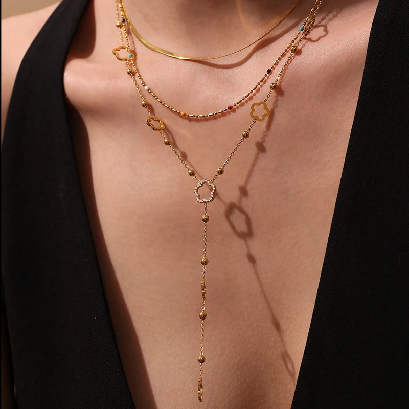 Premium Stainless Steel Long Necklace Trendy Pig Nose Style Y Shape Drop Pendant Waterproof Necklace for Women Girls Jewelry