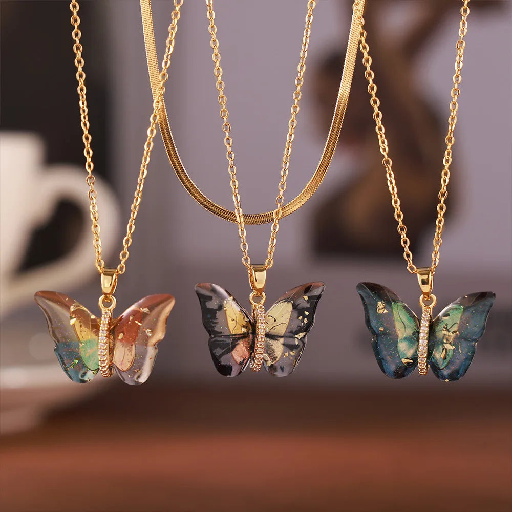 Delicate Resin Butterfly Pendant Necklace For Women Stainless Steel Thin Chain Colorful Choker PVD Gold Plated Jewelry