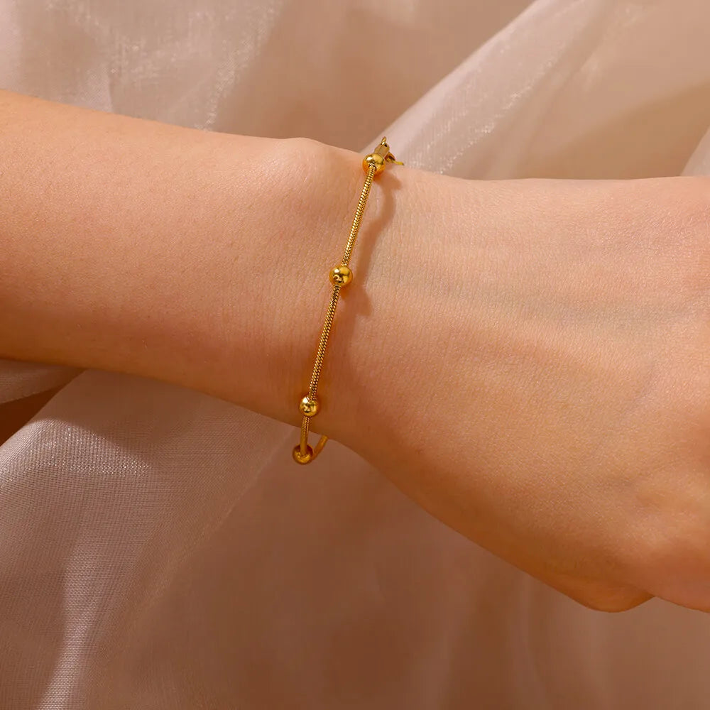 Leixure Supplies Stainless Steel Beaded Round Snake Chain Gold color Bracelets For Women - Jelwery Gifts