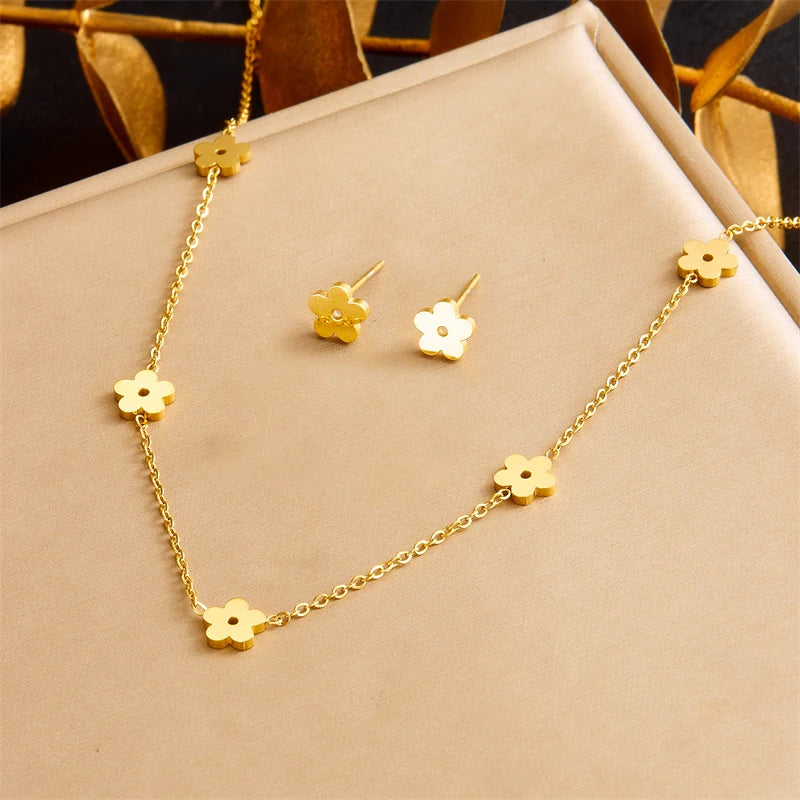 316L Stainless Steel Pearl Butterfly Flower Golden Necklace Earrings For Womens 2026 New Party Gift Fashion Jewelry Set