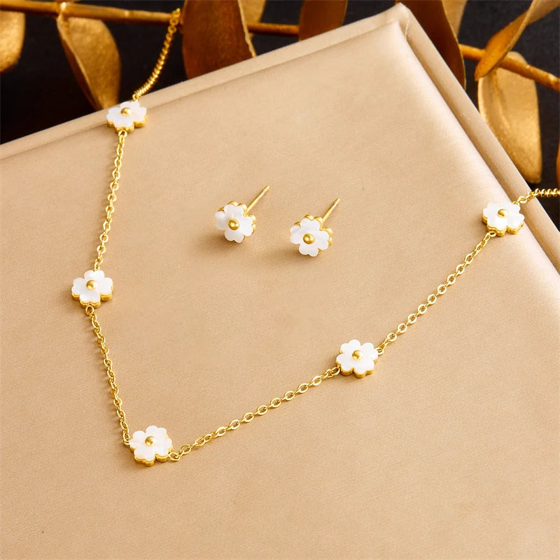 316L Stainless Steel Pearl Butterfly Flower Golden Necklace Earrings For Womens 2026 New Party Gift Fashion Jewelry Set