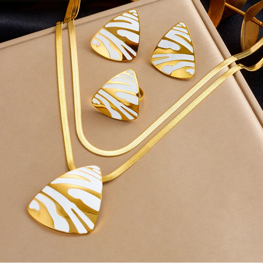 316L Stainless Steel White Tiger Stripe Necklace Earrings Ring Suit For Women Girls New Party Gift Fashion Jewelry Set