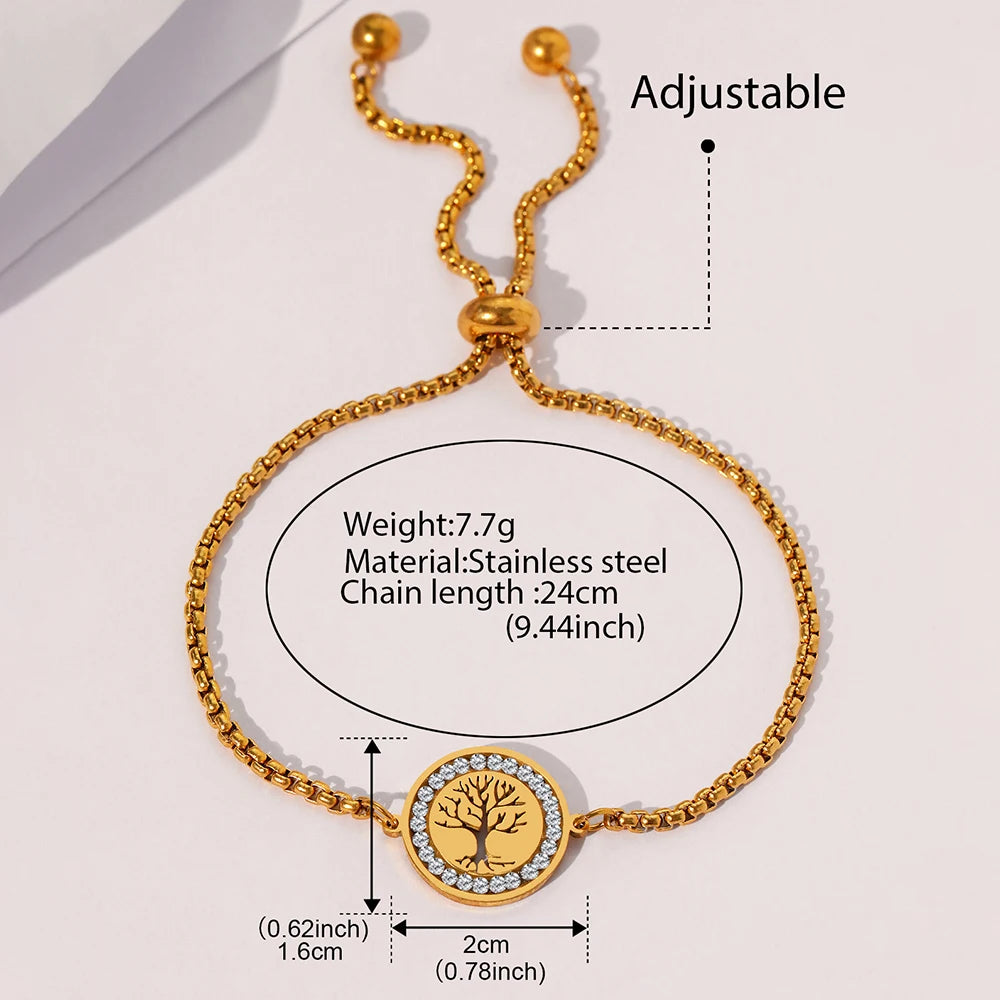 Leixure Supplies Stainless Steel Exquisite Tree of Life Crystal Pendant Chain Bracelets - Adjustable Chian for Women