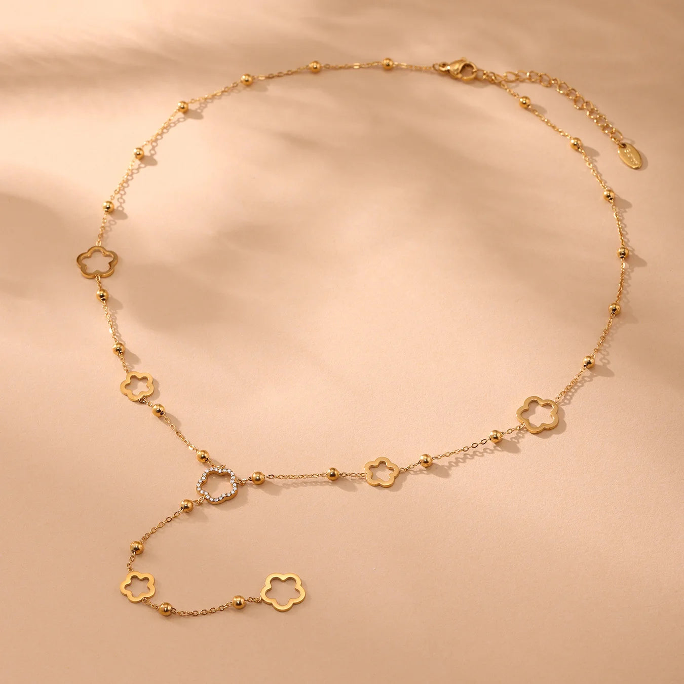 Flower Chain Stainless Steel Zircon Long Necklacs For Women PVD Gold Plated Metal Female Collar Party Wedding Jewelry