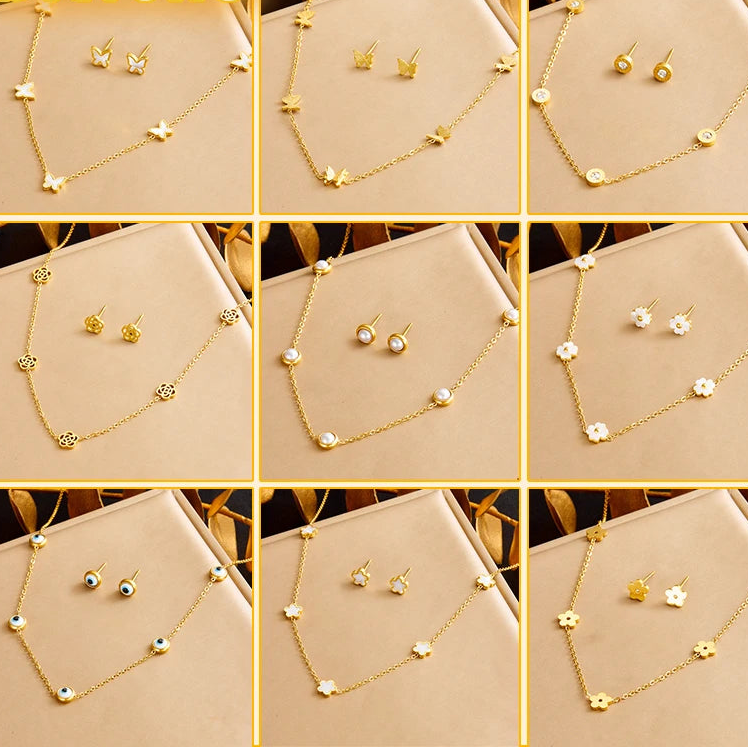 316L Stainless Steel Pearl Butterfly Flower Golden Necklace Earrings For Womens 2026 New Party Gift Fashion Jewelry Set