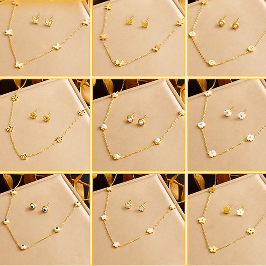 316L Stainless Steel Pearl Butterfly Flower Golden Necklace Earrings For Womens 2026 New Party Gift Fashion Jewelry Set