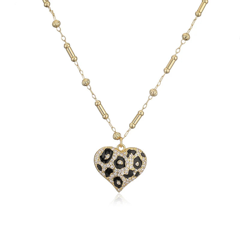 Copper Cute Leopard Pattern Heart Shaped Women's Pendant Necklace 18K Golden Plated with Sparkling Zircon Women's Jewelry