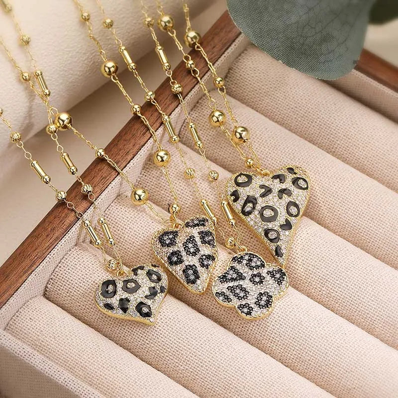 Copper Cute Leopard Pattern Heart Shaped Women's Pendant Necklace 18K Golden Plated with Sparkling Zircon Women's Jewelry