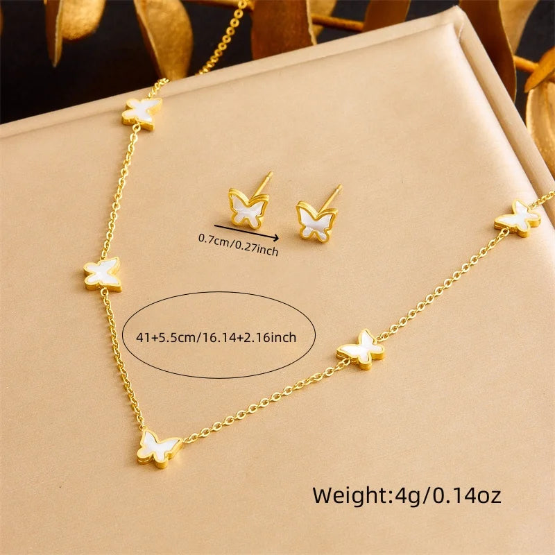 316L Stainless Steel Pearl Butterfly Flower Golden Necklace Earrings For Womens 2026 New Party Gift Fashion Jewelry Set