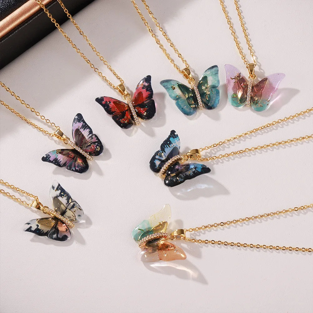 Delicate Resin Butterfly Pendant Necklace For Women Stainless Steel Thin Chain Colorful Choker PVD Gold Plated Jewelry