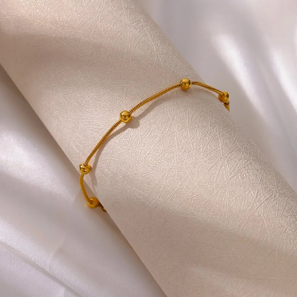 Leixure Supplies Stainless Steel Beaded Round Snake Chain Gold color Bracelets For Women - Jelwery Gifts