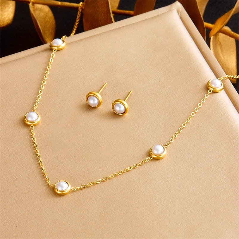 316L Stainless Steel Pearl Butterfly Flower Golden Necklace Earrings For Womens 2026 New Party Gift Fashion Jewelry Set