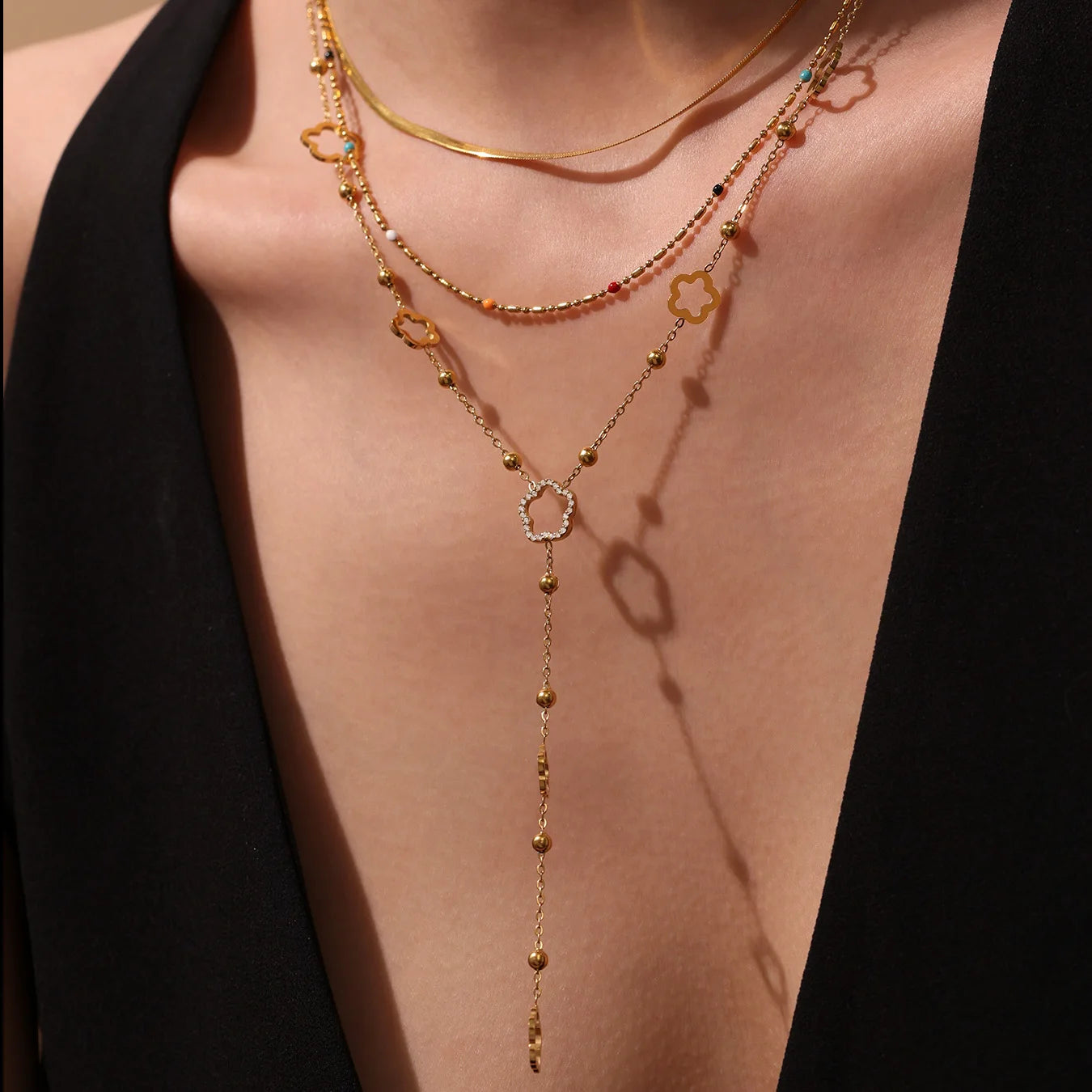 Flower Chain Stainless Steel Zircon Long Necklacs For Women PVD Gold Plated Metal Female Collar Party Wedding Jewelry