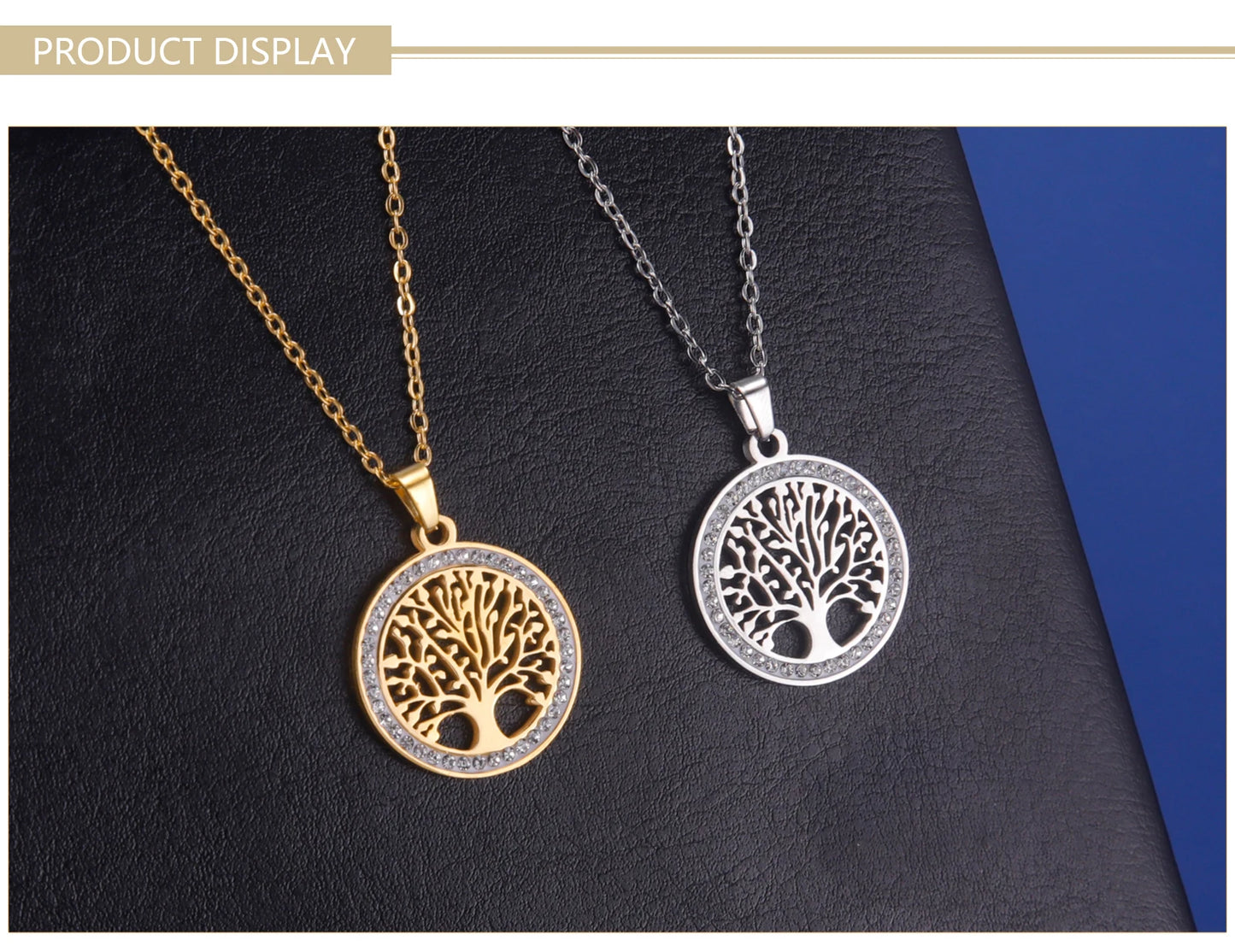 Tree of Life Necklace for Women Stainless Steel Gold Color Clear Zircon Round Pendant Neck Chains Luxury Wedding Gift