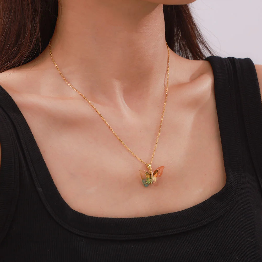 Delicate Resin Butterfly Pendant Necklace For Women Stainless Steel Thin Chain Colorful Choker PVD Gold Plated Jewelry