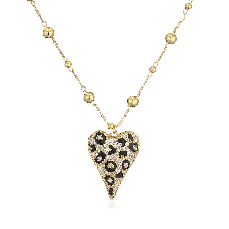 Copper Cute Leopard Pattern Heart Shaped Women's Pendant Necklace 18K Golden Plated with Sparkling Zircon Women's Jewelry