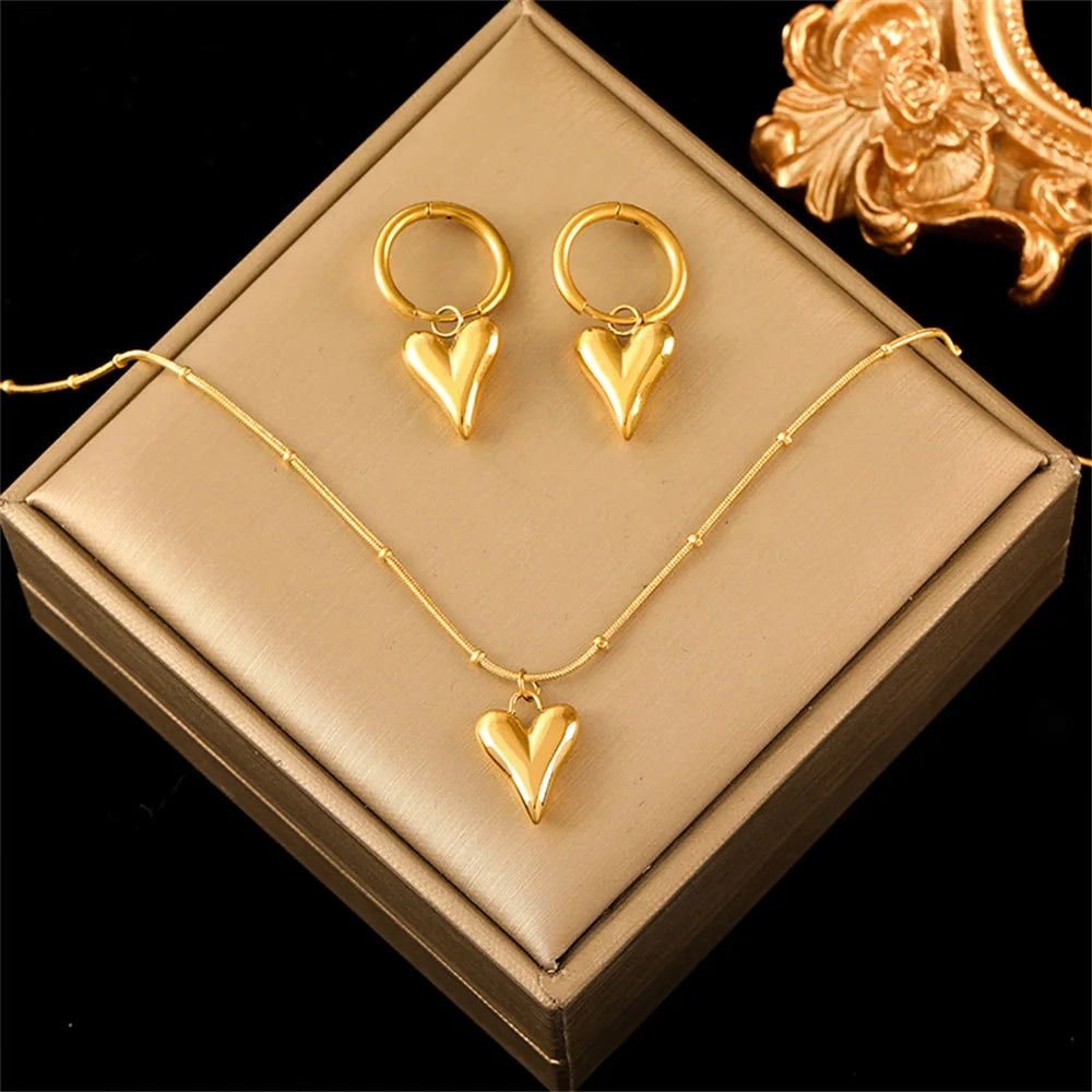 316L Stainless Steel Heart Love Necklace Bracelets Earrings Set For Women New Trendy 18K Gold Plated Waterproof Jewelry