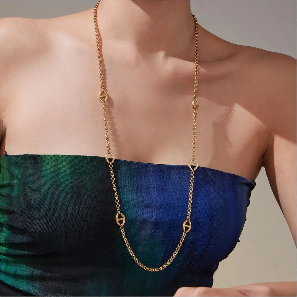 80cm Long Necklace for Women 18k Gold Plated Stainless Steel Chain Necklaces Inlaid Zircon Charm Sweater Chains Necklace