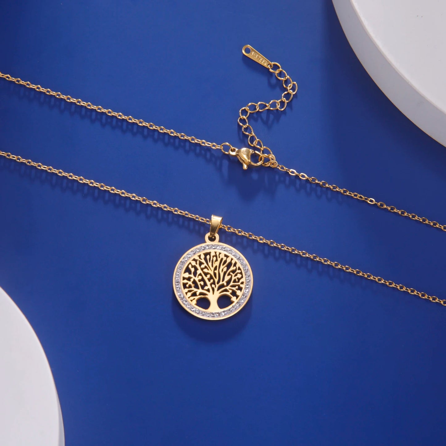 Tree of Life Necklace for Women Stainless Steel Gold Color Clear Zircon Round Pendant Neck Chains Luxury Wedding Gift