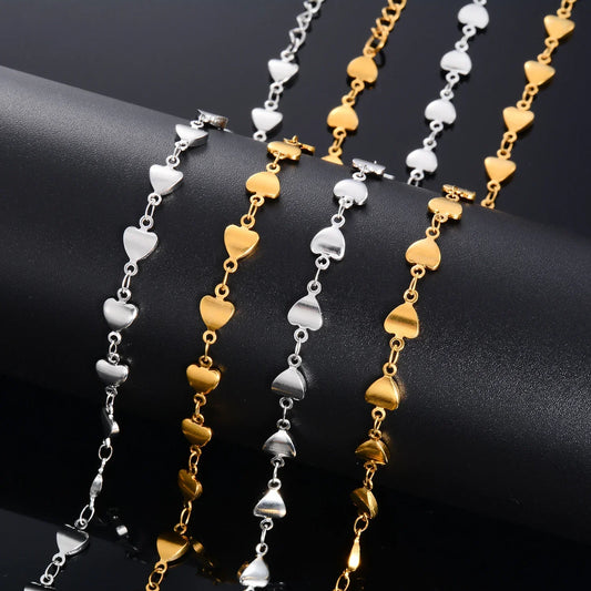 Dainty Heart Hand Bangle Stainless Steel Ladies Chain Bracelet Adjustable Anklet 18K Gold Plated Choker Jewelry for Women Girl