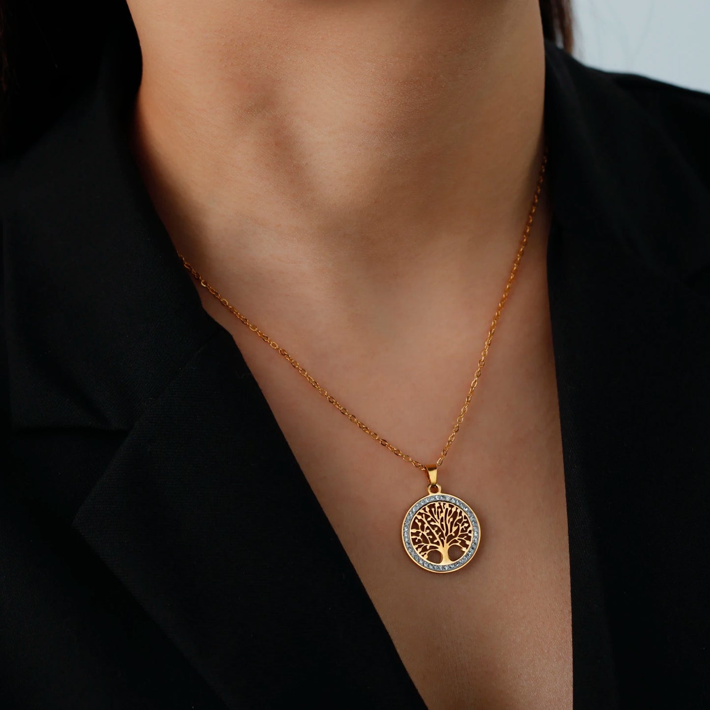 Tree of Life Necklace for Women Stainless Steel Gold Color Clear Zircon Round Pendant Neck Chains Luxury Wedding Gift