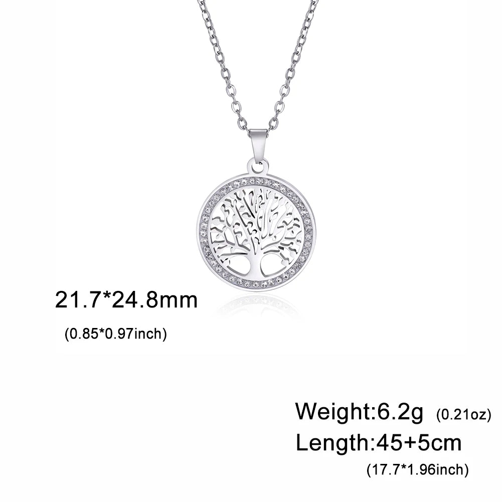 Tree of Life Necklace for Women Stainless Steel Gold Color Clear Zircon Round Pendant Neck Chains Luxury Wedding Gift